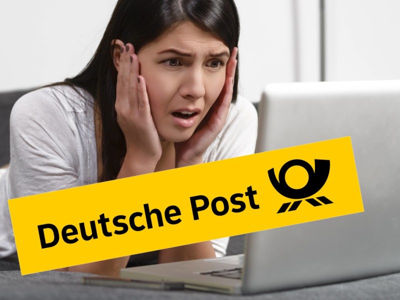 Frau vor Laptop mit Deutsche Post Logo