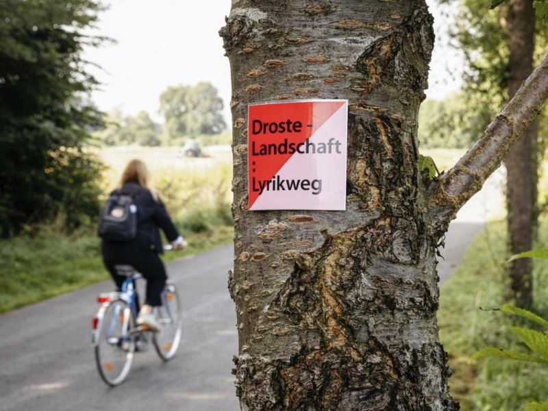 Rot-rosa Zeichen markieren den Lyrikweg.