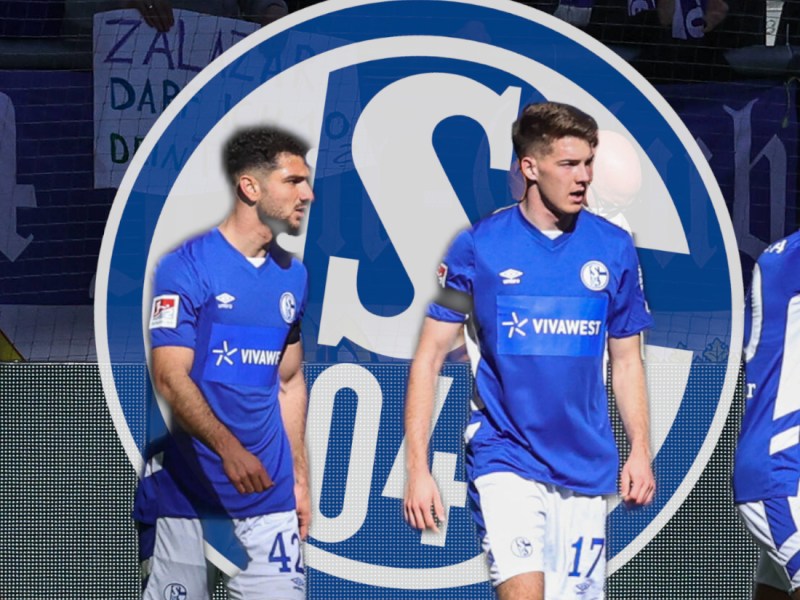 Kerim Calhanoglu und Florian Flick vor dem Logo des FC Schalke 04.