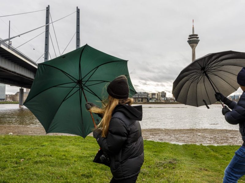 Wetter in NRW Sturmgefahr Frau und Mann mit Regenschirm am Rhein in Düsseldorf