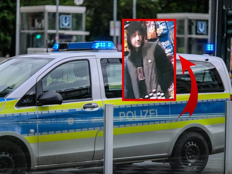 Polizeiauto und Fahndungsfoto von gesuchtem Mann aus Dortmund