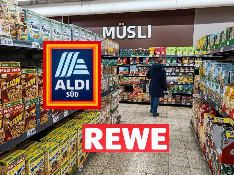 Rewe und Aldi-Logo im Müsli-Gang