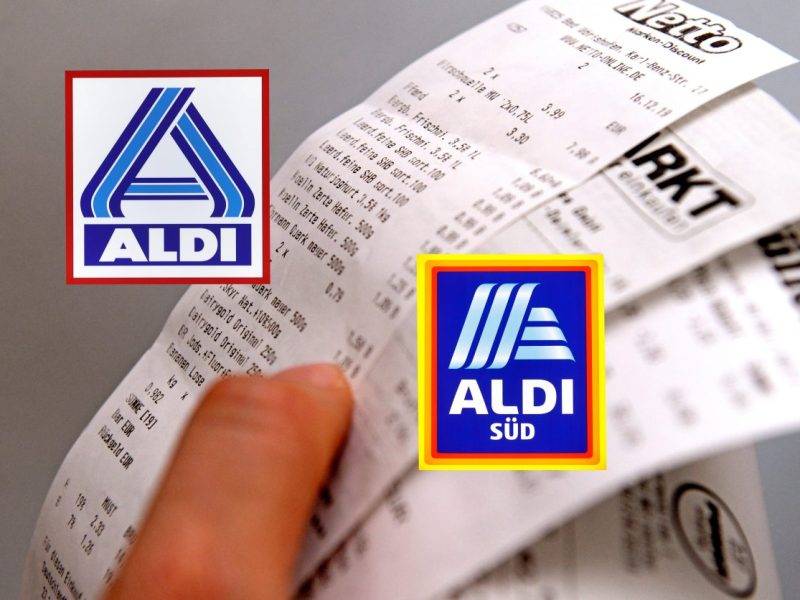 Aldi-Nord und Süd-Logo vor dem Hintergrund von Kassenbons