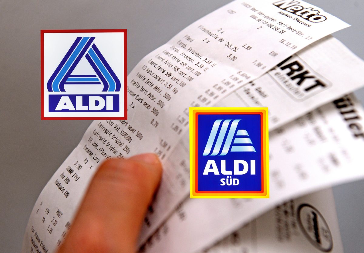 Aldi-Nord und Süd-Logo vor dem Hintergrund von Kassenbons