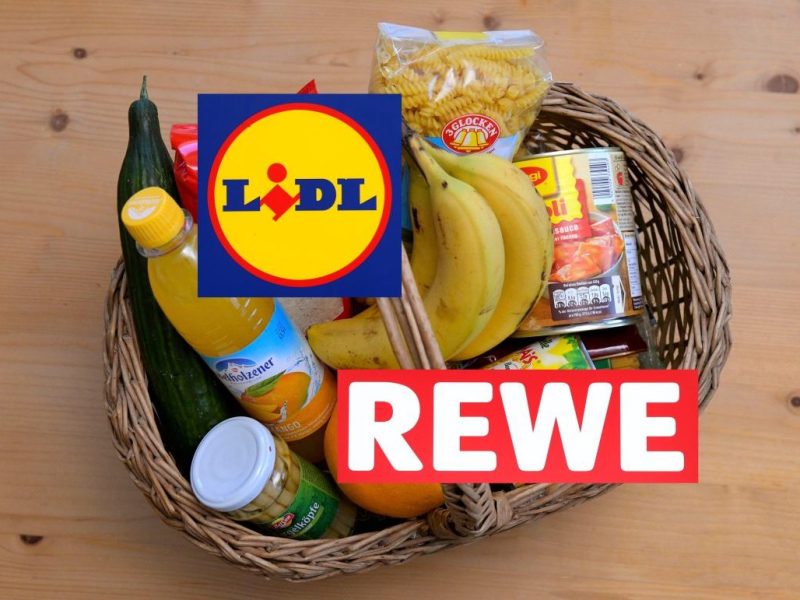 Einkaufskorb mit verschiedenen Lebensmitteln, Logos von Rewe und Lidl
