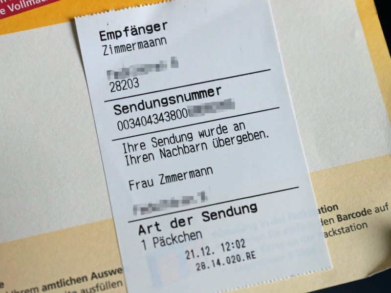 DHL-Benachrichtigungsschein über eine verpasste Sendung