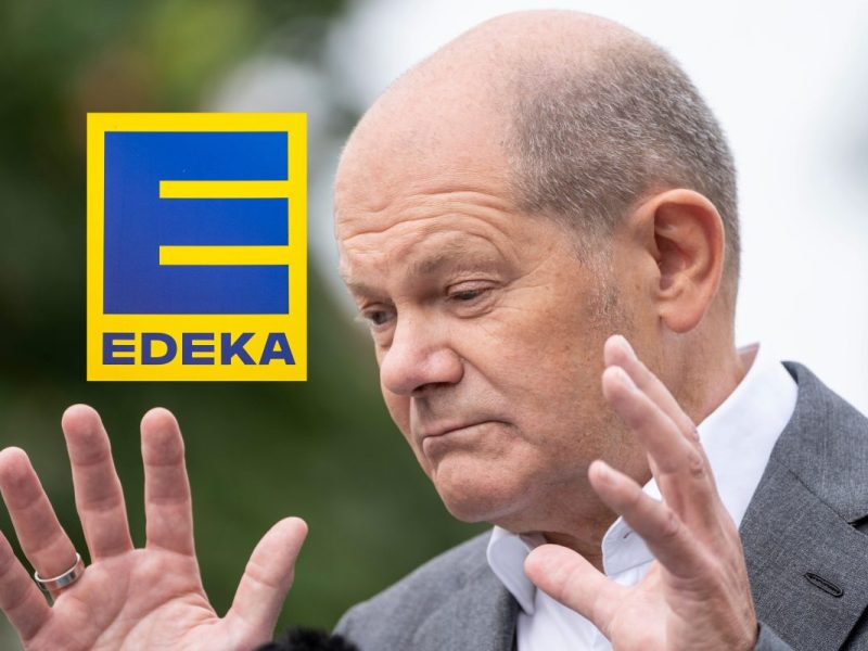 Edeka-Logo und Bundeskanzler Olaf Scholz