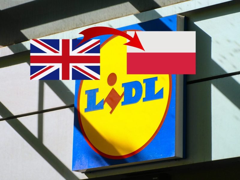 Lidl-Logo und Flagge von Großbritannien und Polen