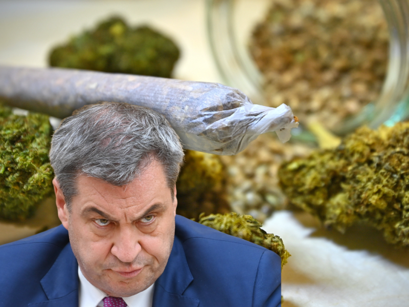 Markus Söder vor einem Joint und Cannais-Blüten.