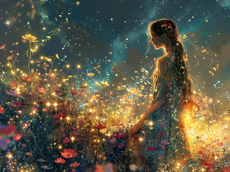 Frau im Blumenfeld im Universum.