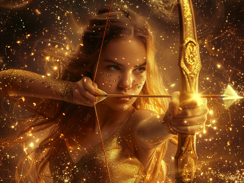 Frau mit Pfeil und Bogen in goldenem Universum.