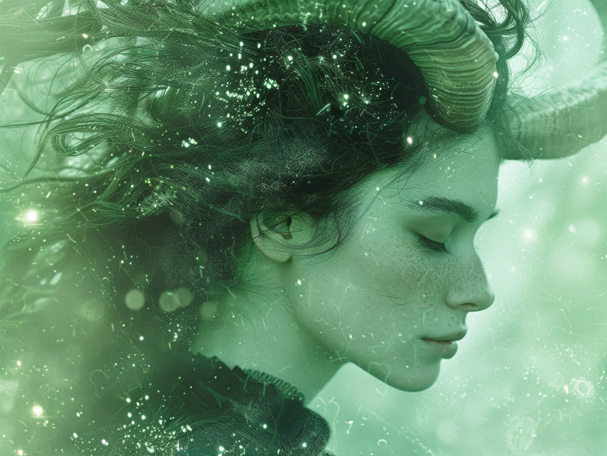 Frau mit Hörnern im grünen Universum.