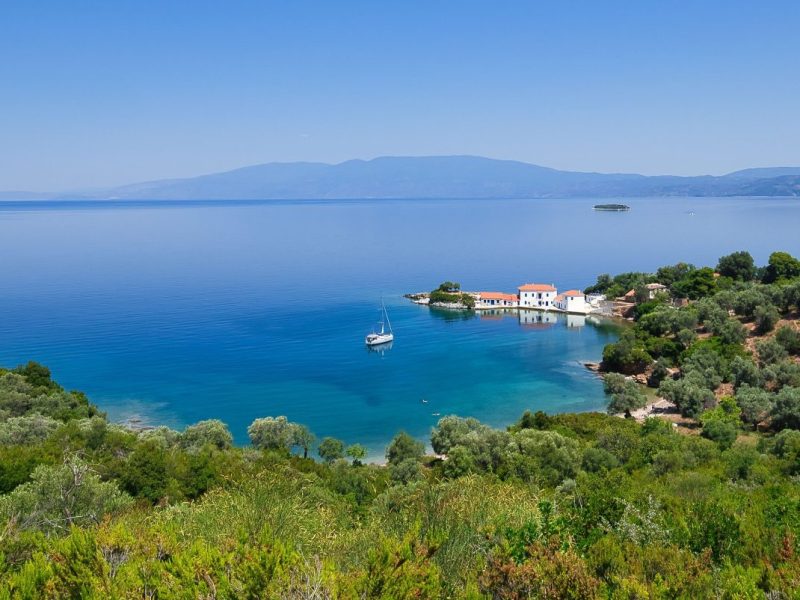 Blick aufs Meer hinter Bäumen und Büschen.