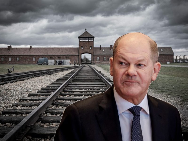 Bundeskanzler Olaf Scholz, im Hintergrund das Konzentrationslager Auschwitz (Montage)