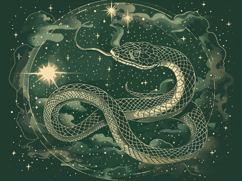 Gezeichnete Schlange vor grünem Hintergrund mit Sternen und Wolken.